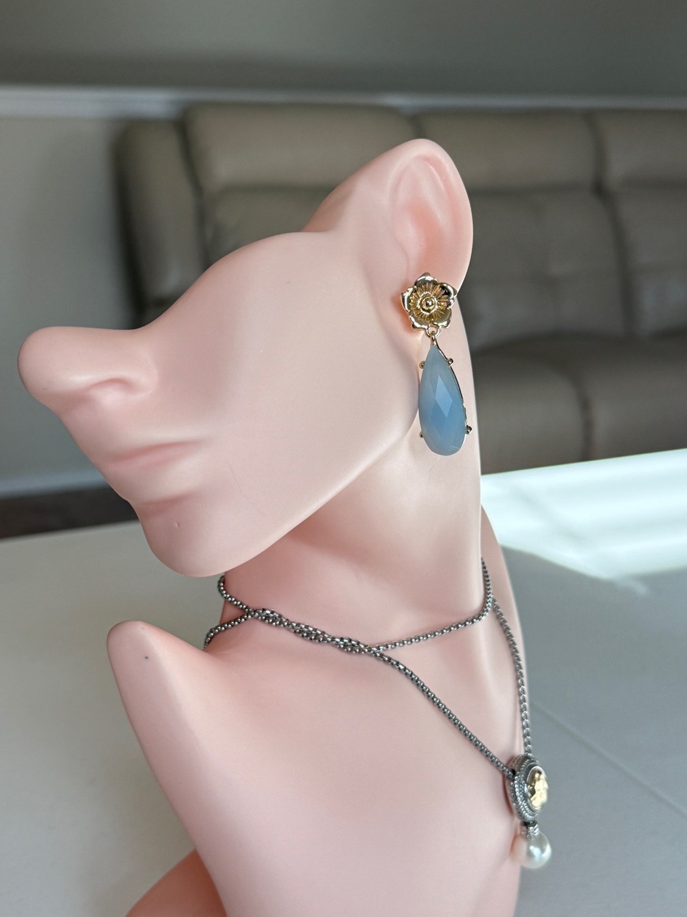 Italian Design Gold Floral Earrings with Blue Teardrop